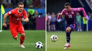 Schweiz gegen Deutschland heute: Xherdan Shaqiri gegen Jamal Musialaheute im letzten EM-Gruppenspiel in FRankfurt (Foto von Johannes EISELE und Damien MEYER / AFP)