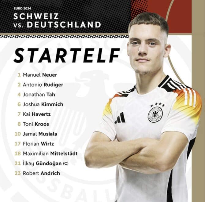 Die deutsche Startelf heute gegen die Schweiz: Neuer - Kimmich, Tah, Rüdiger, Mittelstädt - Kroos, Andrich - Musiala, Gündogan (C), Wirtz - Havertz.