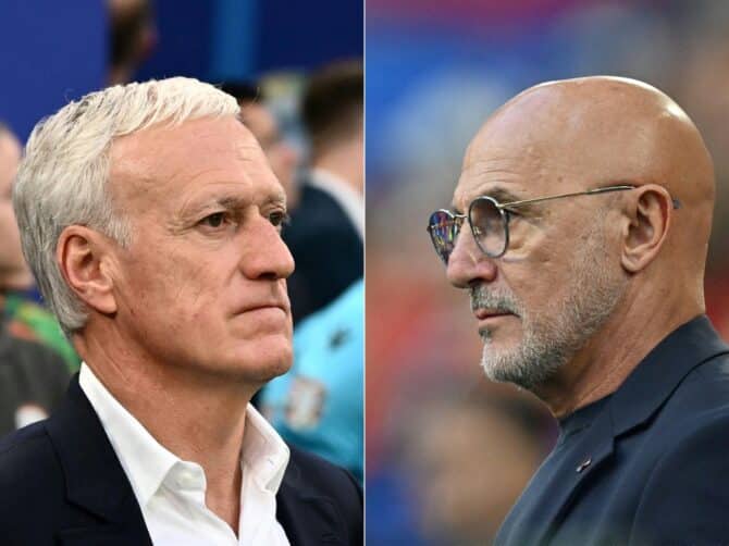 (COMBO)Frankreichs Cheftrainer Didier Deschamps und Spaniens Cheftrainer Luis de la Fuente - Spanien trifft im Halbfinale der UEFA Euro 2024 am 9. Juli 2024 in München auf Frankreich. (Foto von Angelos TZORTZINIS und PATRICIA DE MELO MOREIRA / AFP)