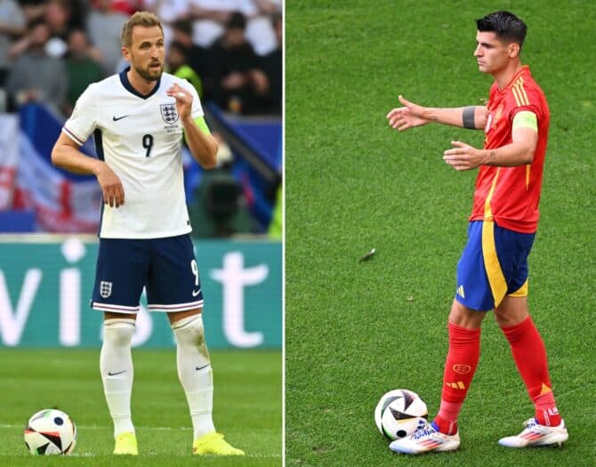 England's #09 Harry Kane (L) und Spaniens #07 Alvaro Morata kurz vor dem EM Finale 2024 (Photo by Alberto PIZZOLI and Kirill KUDRYAVTSEV / AFP)