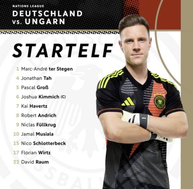 Update 19:30 Uhr - Offizielle Deutschland Aufstellungter Stegen - Kimmich, Tah, N. Schlotterbeck, Raum - Andrich, P. Groß, Wirtz, Musiala - Havertz, Füllkrug