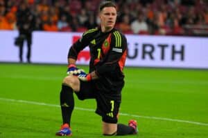 Deutschlands Torhüter Nr. 1 Marc-Andre Ter Stegen während des UEFA Nations League Fußballspiels zwischen den Niederlanden und Deutschland in der Johan Cruyff Arena in Amsterdam am 10. September 2024 zu. (Foto: NICOLAS TUCAT / AFP)