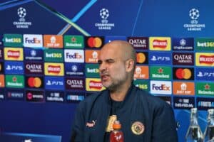 Pep Guardiola, Trainer von Manchester City, spricht während der Pressekonferenz vor dem Spiel der UEFA Champions League Manchester City gegen Inter Mailand im Etihad-Stadion, Manchester, Vereinigtes Königreich, 17. September 2024 (Foto: Mark Cosgrove/News Images)