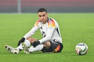 Deutschlands Mittelfeldspieler #10 Jamal Musiala während des UEFA Nations League Gruppe A3 Fußballspiels Ungarn gegen Deutschland in der Puskas Arena in Budapest, Ungarn, am 19. November 2024. (Foto: Attila KISBENEDEK / AFP)